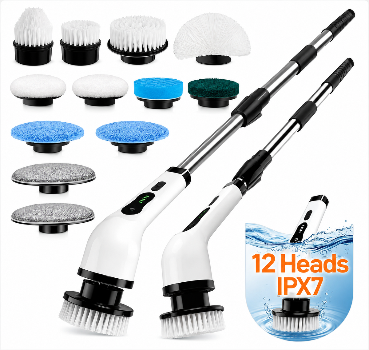 Cordless Electric Spin Scrubber with extendable handle, 12 interchangeable cleaning heads and IPX7 waterproof design