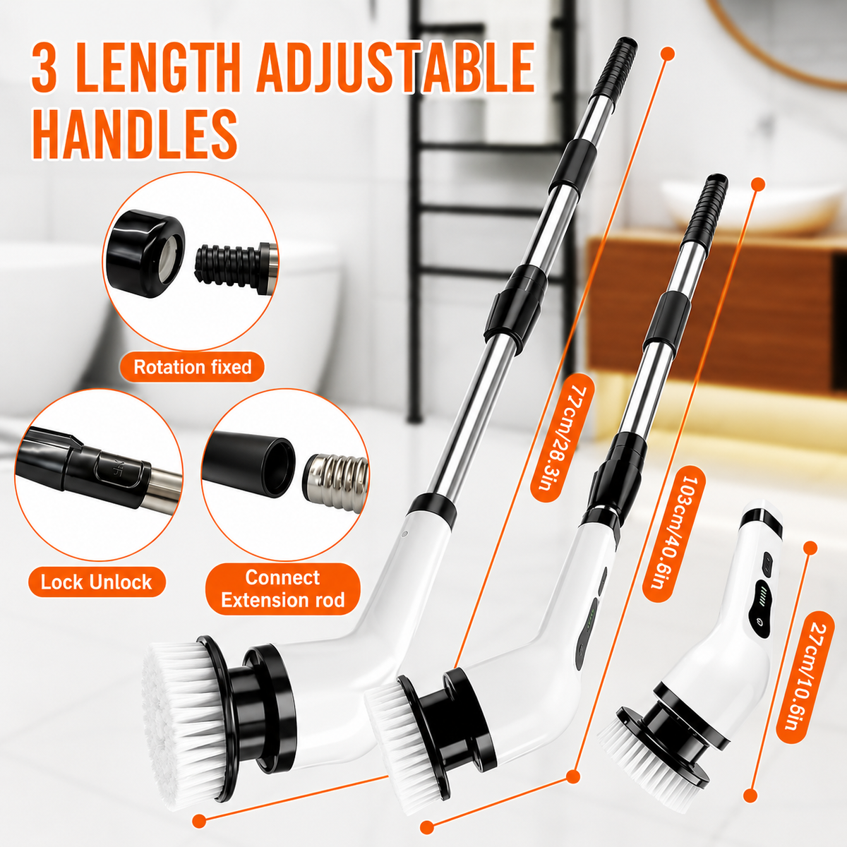 FLOORVEXA Cordless Electric Spin Scrubber with three adjustable handle lengths for easier cleaning of floors, tubs and hard-to-reach areas