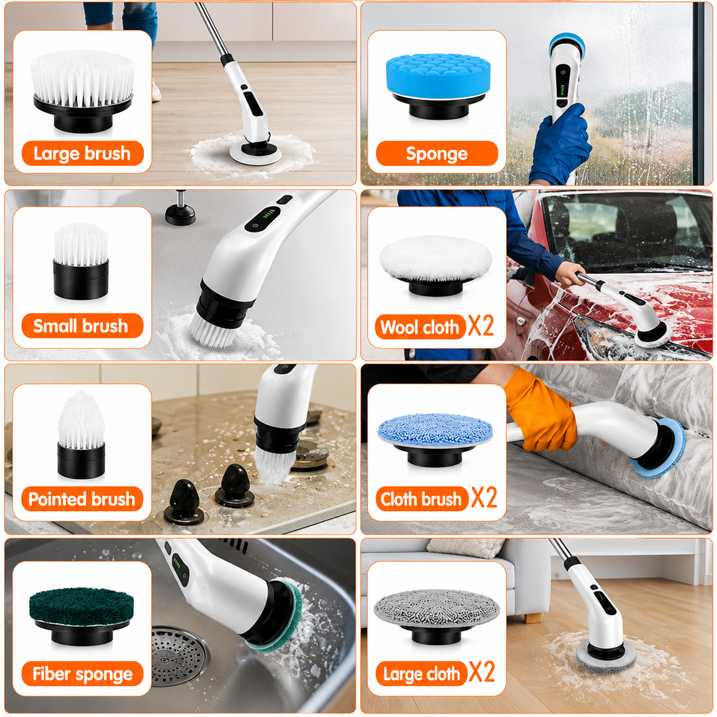 Cordless Electric Spin Scrubber showing interchangeable brush, sponge and cloth heads for cleaning floors, sinks, windows and other surfaces