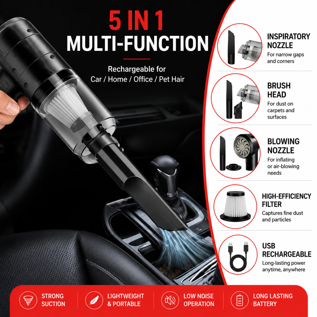 5-in-1 cordless handheld vacuum with multiple nozzles, brush head, filter and USB rechargeable design