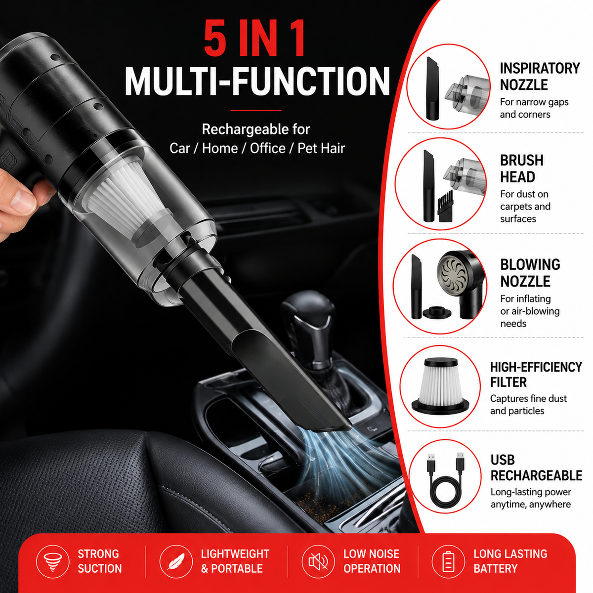5-in-1 cordless handheld vacuum with multiple nozzles, brush head, filter and USB rechargeable design