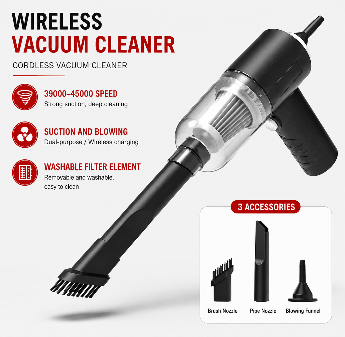 Cordless handheld vacuum cleaner with suction and blowing functions, washable filter and three cleaning accessories