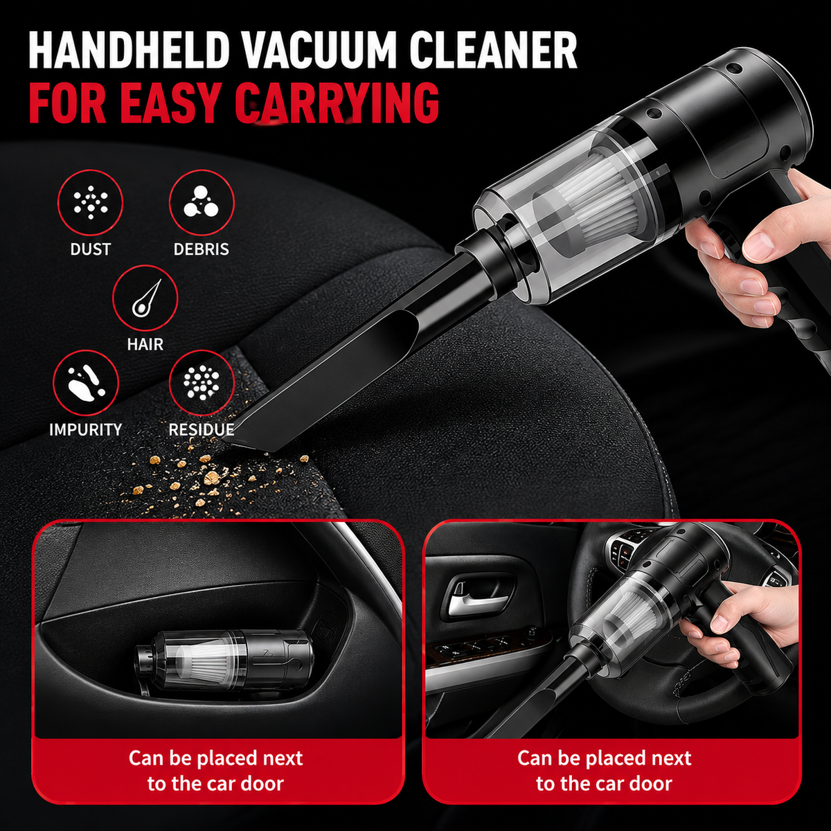 Cordless handheld vacuum cleaner removing dust, crumbs, hair and debris from car seats and tight spaces