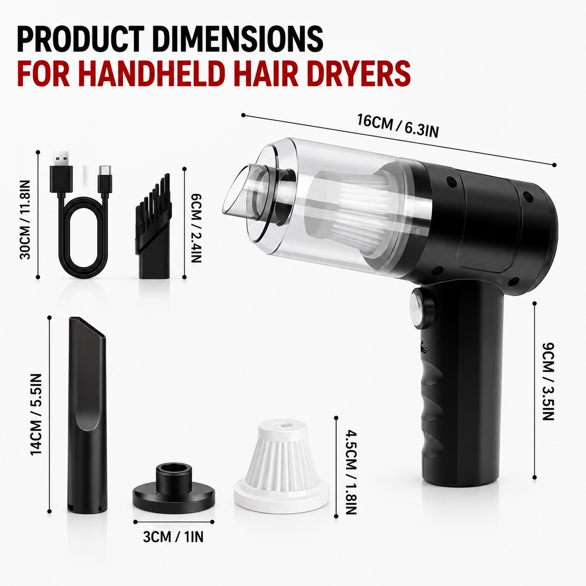 Cordless handheld vacuum cleaner dimensions with included nozzles, washable filter and USB charging cable