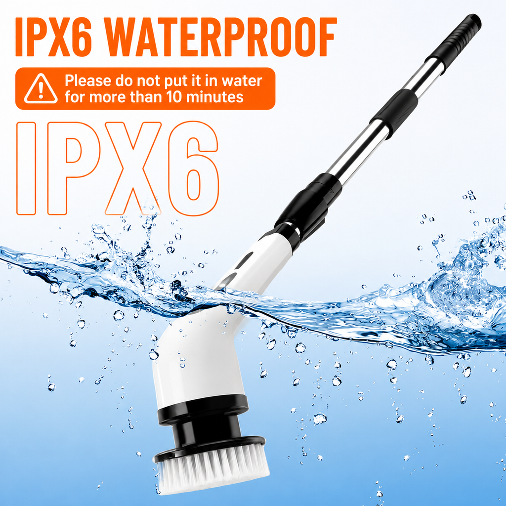 Cordless Electric Spin Scrubber with IPX6 water-resistant design for bathroom, shower, tub and floor cleaning