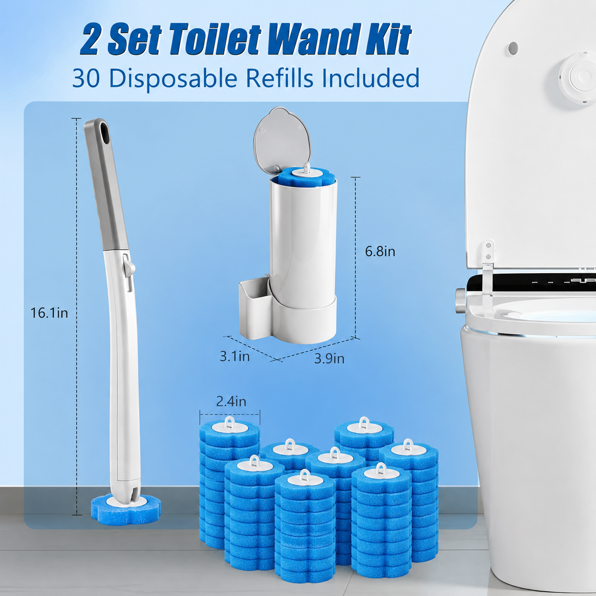 Disposable Toilet Brush 2-set kit with 30 refill heads, storage holder and product dimensions for hygienic toilet cleaning