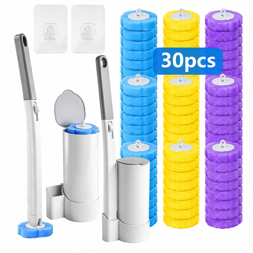 Disposable Toilet Brush Set with holder and 30 colorful replaceable refill heads for hygienic bathroom cleaning