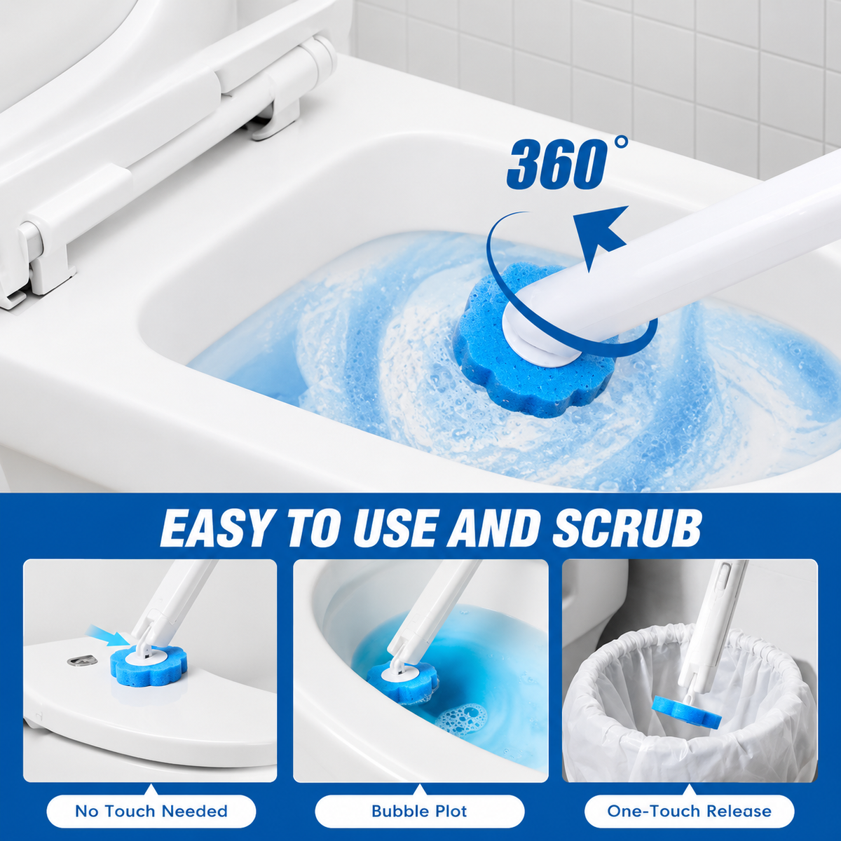 Disposable Toilet Brush with 360-degree scrubbing, no-touch cleaning and one-touch refill release for easy toilet cleaning