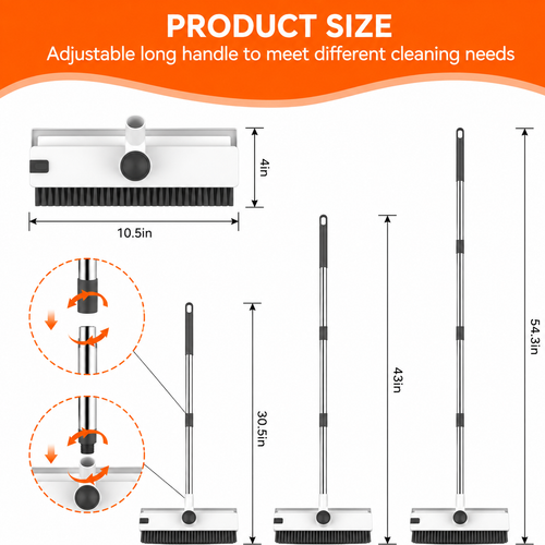 FLOORVEXA 3-in-1 floor cleaning brush with adjustable long handle and product dimensions