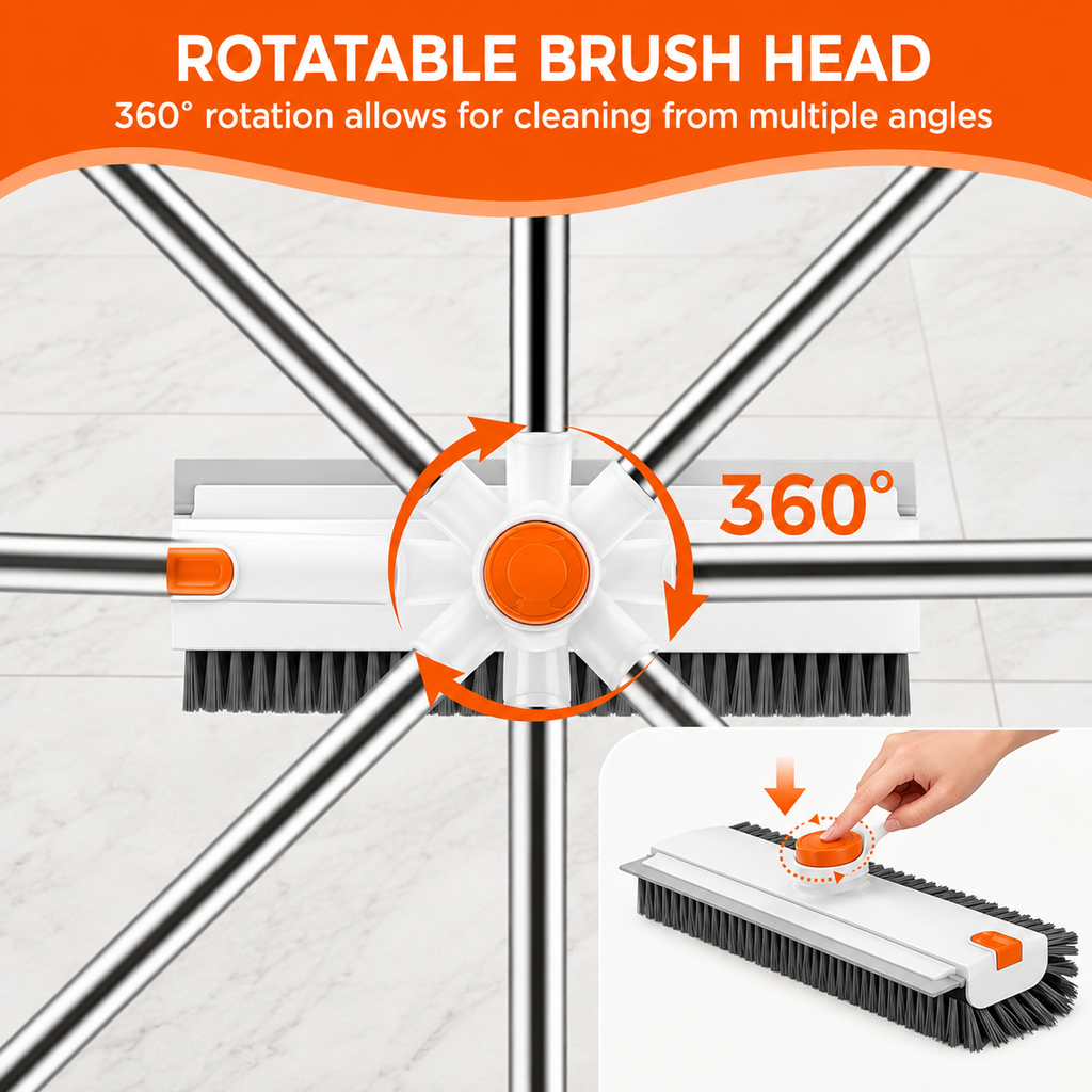 FLOORVEXA 3-in-1 floor cleaning brush with 360-degree rotating head for cleaning from multiple angles