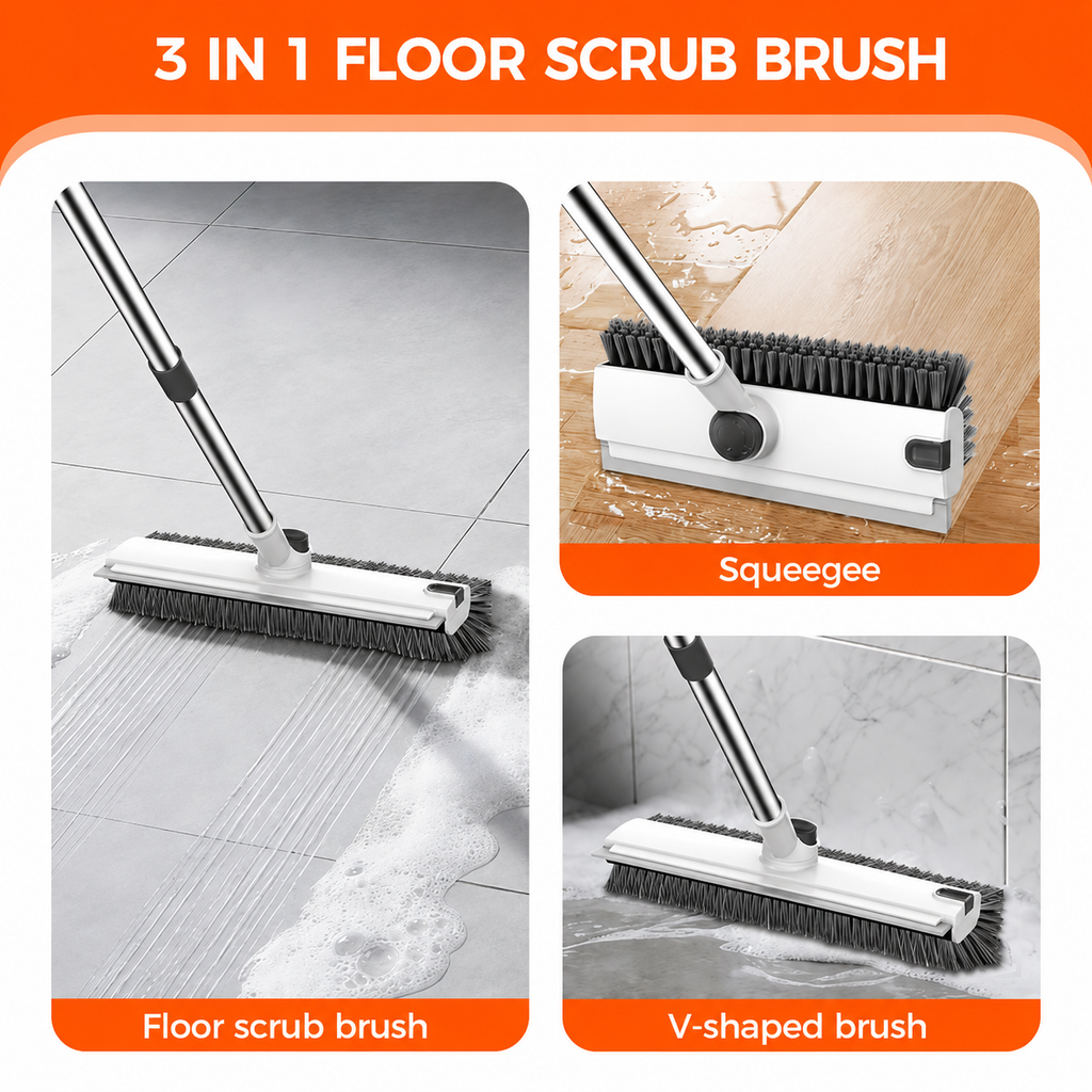 FLOORVEXA 3-in-1 floor cleaning brush with adjustable long handle and product dimensions