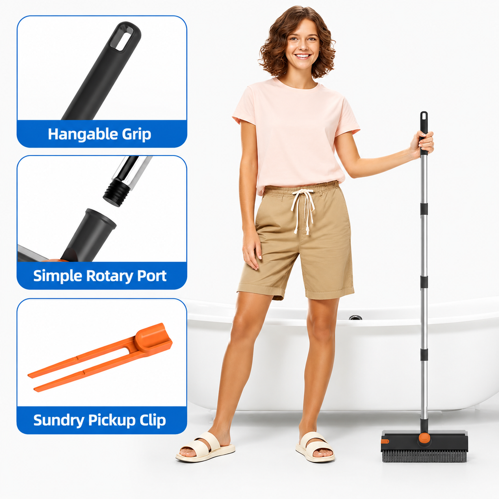 FLOORVEXA 3-in-1 floor cleaning brush showing hangable grip, rotary connection and pickup clip