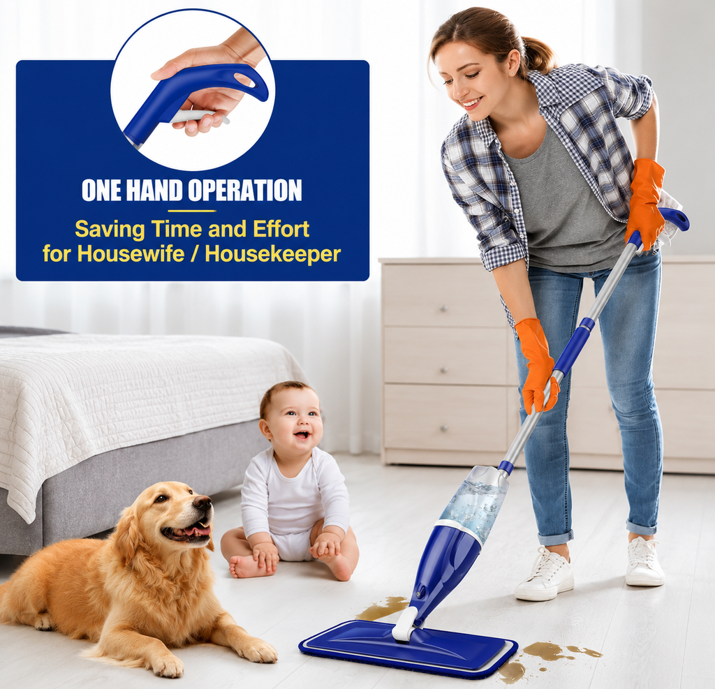 Microfiber spray mop with one-hand operation for quick and easy everyday floor cleaning
