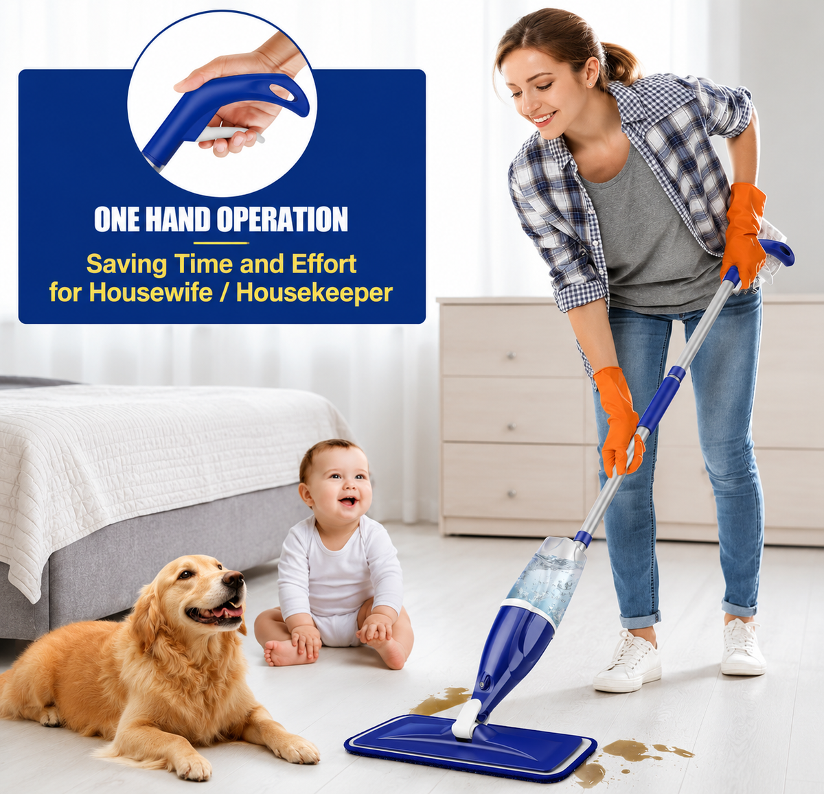 Microfiber spray mop with one-hand operation for quick and easy everyday floor cleaning