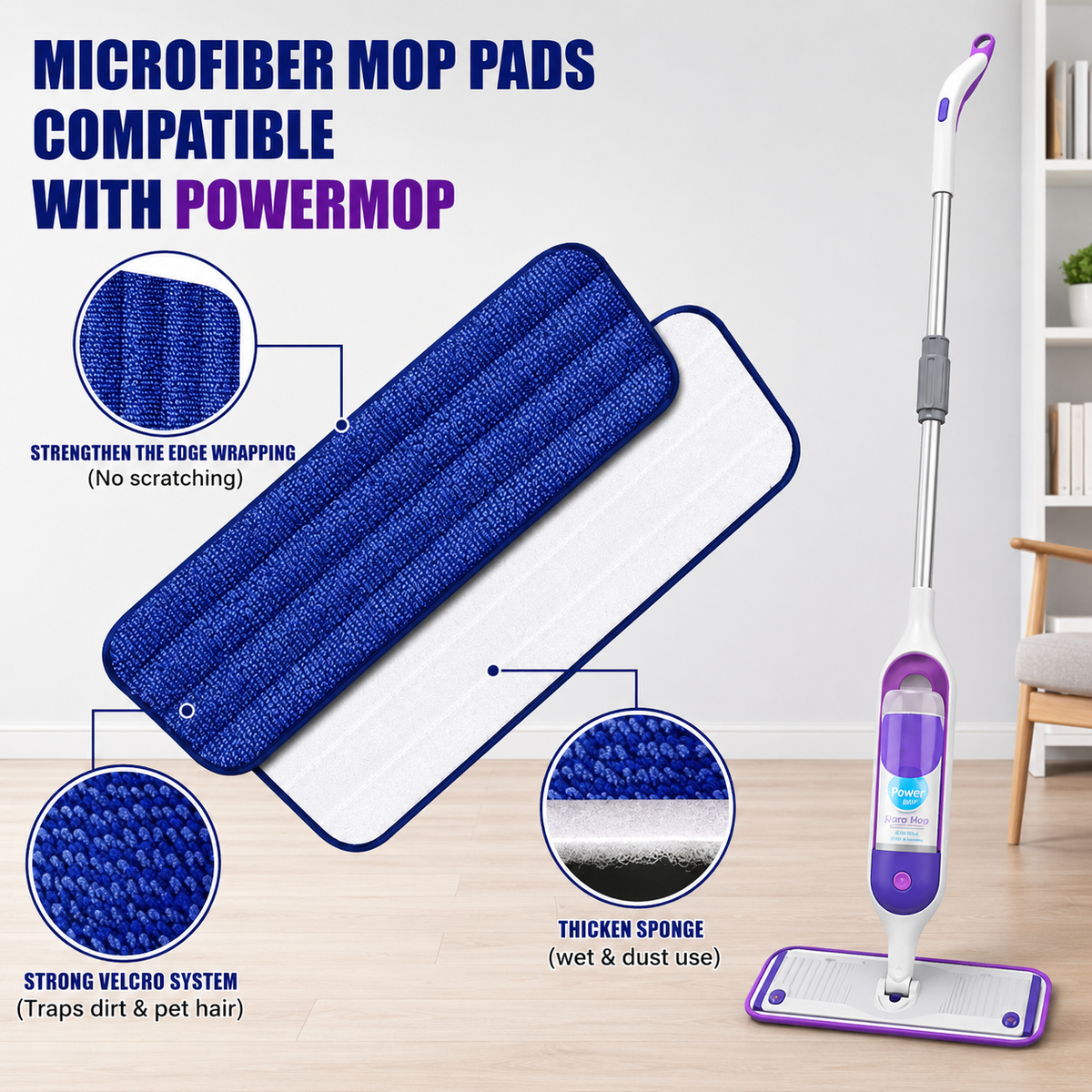 Microfiber spray mop pads with strong edge stitching and thick sponge for wet and dry floor cleaning