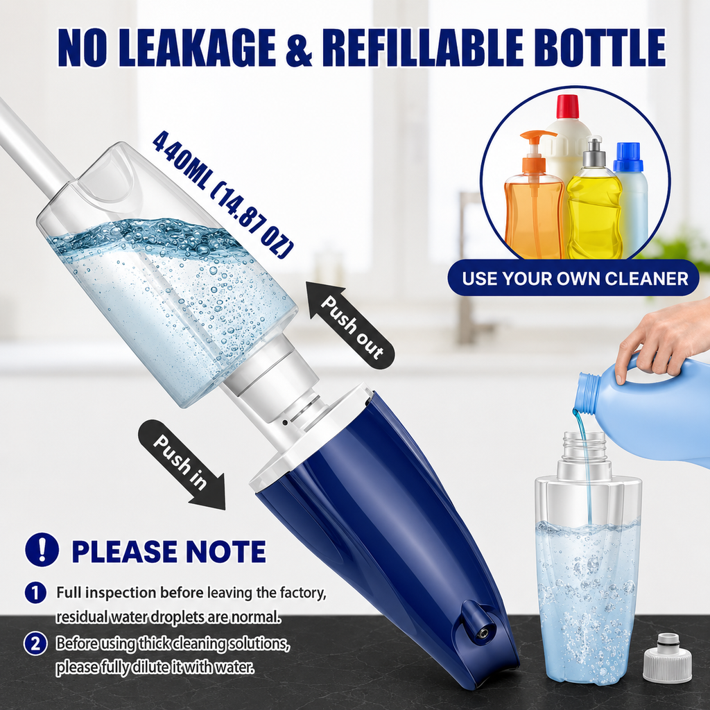 Microfiber spray mop with leak-resistant 440ml refillable bottle for water or floor cleaning solution