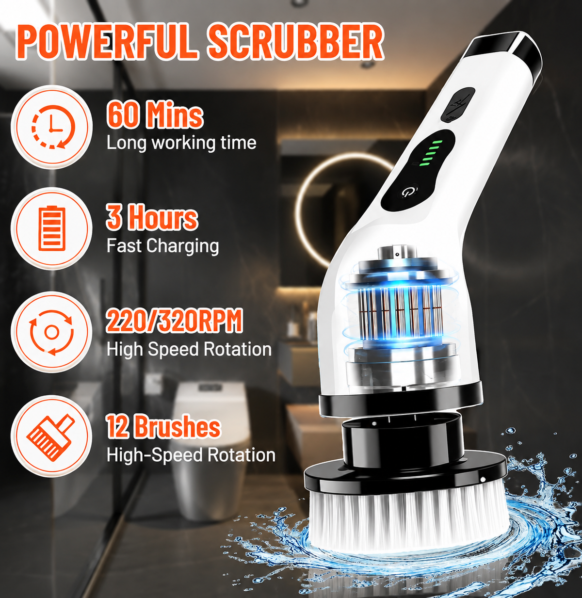Cordless Electric Spin Scrubber with 60-minute runtime, 3-hour charging, high-speed rotation and multiple brush heads