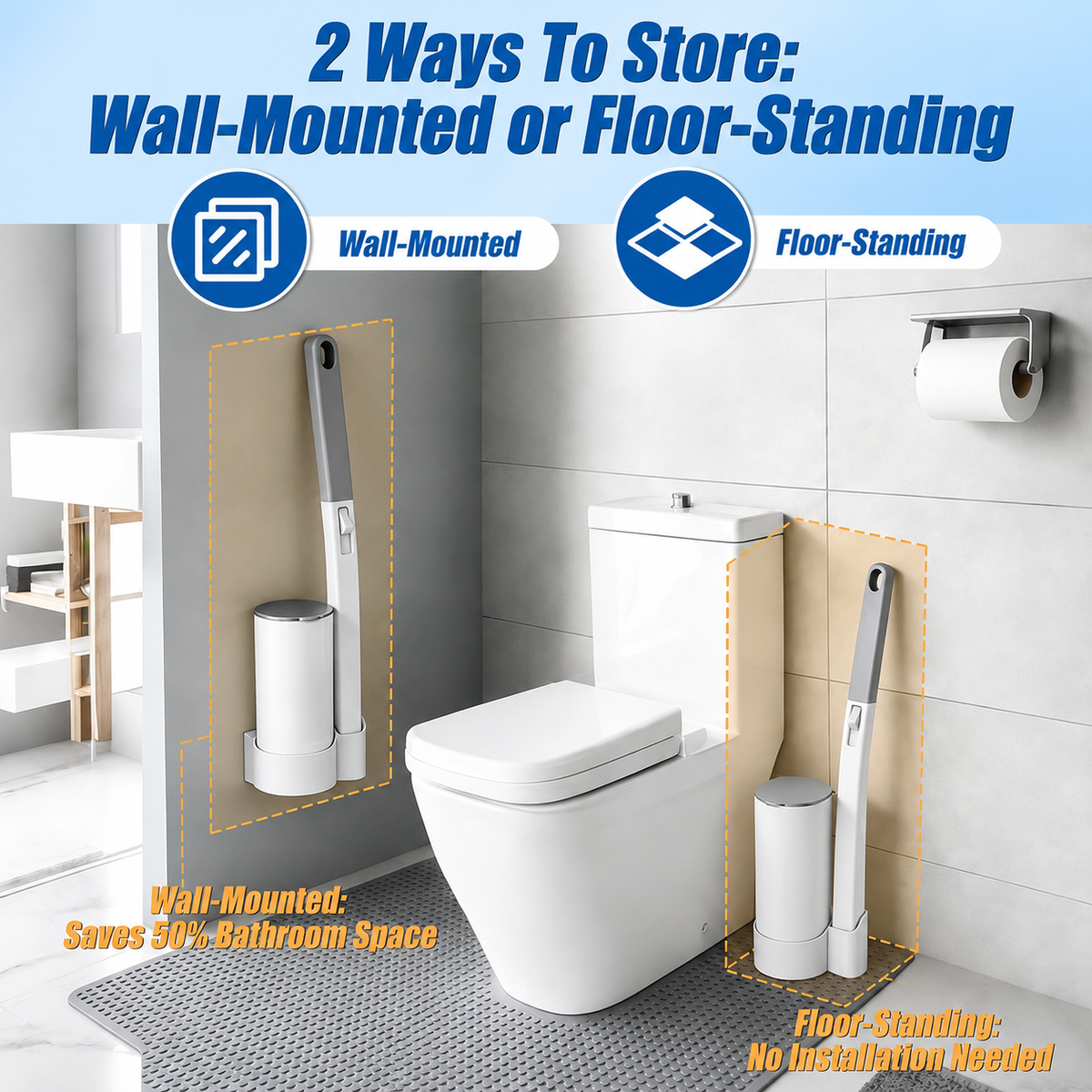Disposable Toilet Brush with wall-mounted and floor-standing storage options for convenient, space-saving bathroom organization